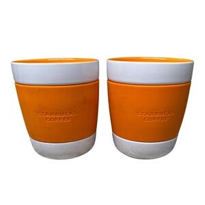 Starbucks Coffee Ceramic Mugs 12oz Orange White Silicone Grip Set of 2 2009